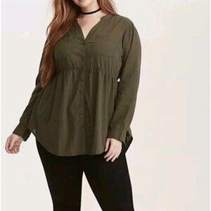 Torrid Shirt Dress Size 1X Challis Army Green Roll Tab Sleeve Zip Up Flaw